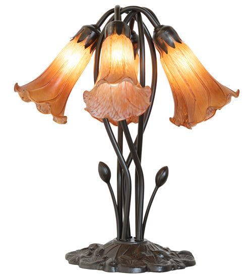 Meyda Lighting Tiffany Pond Lily 16" 5-Light Mahogany Bronze Table Lamp With Amber Favrile Shade Glass