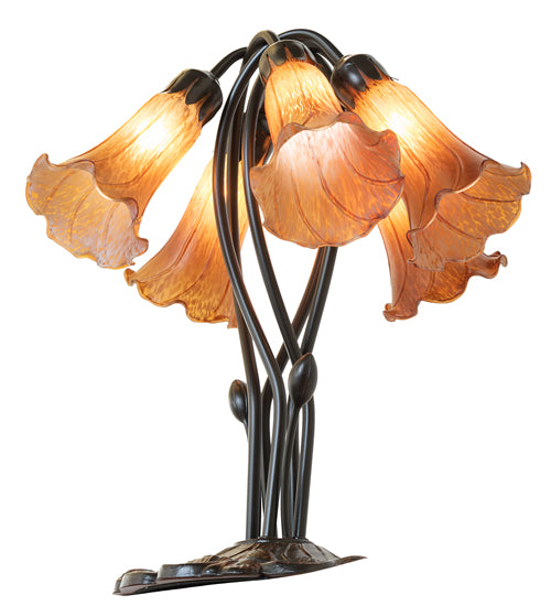 Meyda Lighting Tiffany Pond Lily 16" 5-Light Mahogany Bronze Table Lamp With Amber Favrile Shade Glass