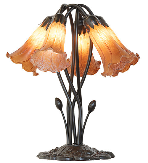 Meyda Lighting Tiffany Pond Lily 16" 5-Light Mahogany Bronze Table Lamp With Amber Favrile Shade Glass