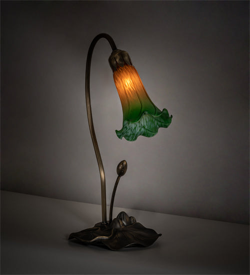 Meyda Lighting Tiffany Pond Lily 16" Mahogany Bronze Accent Table Lamp With Amber & Green Shade Glass