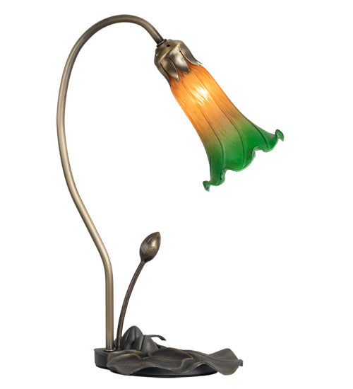 Meyda Lighting Tiffany Pond Lily 16" Mahogany Bronze Accent Table Lamp With Amber & Green Shade Glass