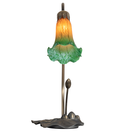 Meyda Lighting Tiffany Pond Lily 16" Mahogany Bronze Accent Table Lamp With Amber & Green Shade Glass