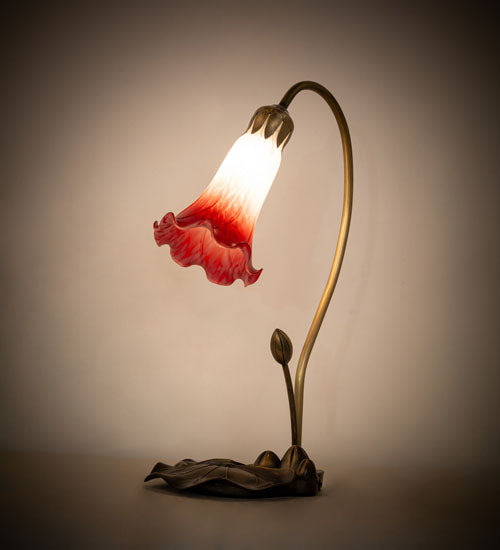 Meyda Lighting Tiffany Pond Lily 16" Mahogany Bronze Accent Table Lamp With Red & White Shade Glass