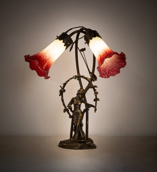 Meyda Lighting Tiffany Pond Lily 17" 2-Light Mahogany Bronze Accent Table Lamp With Red & White Shade Glass