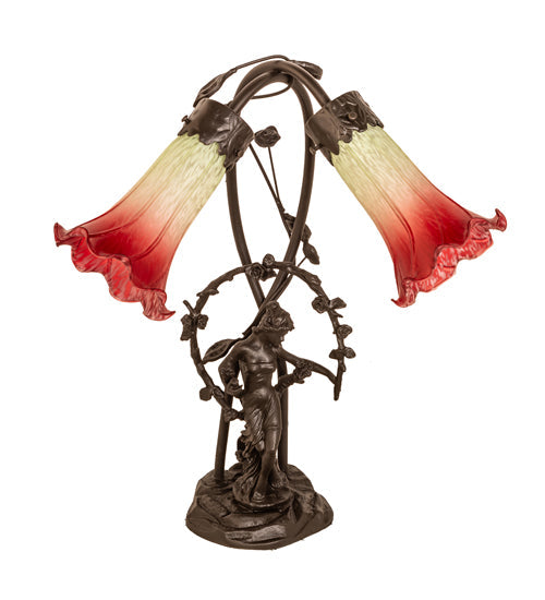 Meyda Lighting Tiffany Pond Lily 17" 2-Light Mahogany Bronze Accent Table Lamp With Red & White Shade Glass
