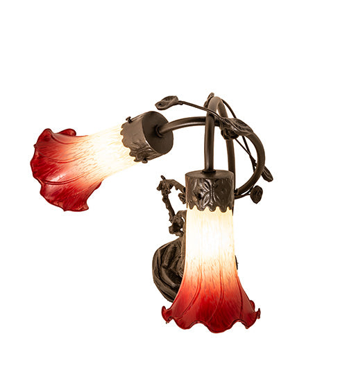 Meyda Lighting Tiffany Pond Lily 17" 2-Light Mahogany Bronze Accent Table Lamp With Red & White Shade Glass