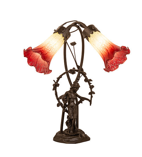 Meyda Lighting Tiffany Pond Lily 17" 2-Light Mahogany Bronze Accent Table Lamp With Red & White Shade Glass