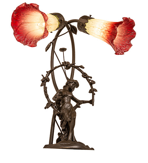 Meyda Lighting Tiffany Pond Lily 17" 2-Light Mahogany Bronze Accent Table Lamp With Red & White Shade Glass
