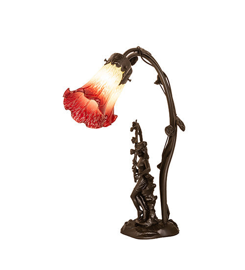 Meyda Lighting Tiffany Pond Lily 17" 2-Light Mahogany Bronze Accent Table Lamp With Red & White Shade Glass