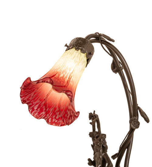 Meyda Lighting Tiffany Pond Lily 17" 2-Light Mahogany Bronze Accent Table Lamp With Red & White Shade Glass