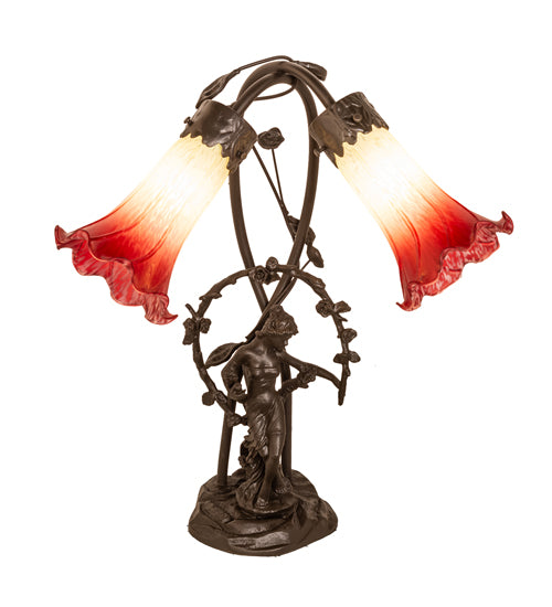Meyda Lighting Tiffany Pond Lily 17" 2-Light Mahogany Bronze Accent Table Lamp With Red & White Shade Glass
