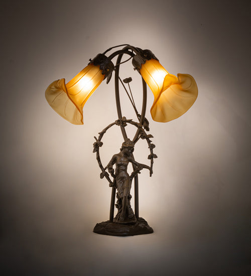 Meyda Lighting Tiffany Pond Lily 17" 2-Light Mahogany Bronze Trellis Girl Accent Table Lamp With Amber Shade Glass