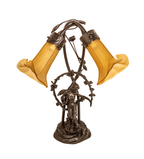 Meyda Lighting Tiffany Pond Lily 17" 2-Light Mahogany Bronze Trellis Girl Accent Table Lamp With Amber Shade Glass