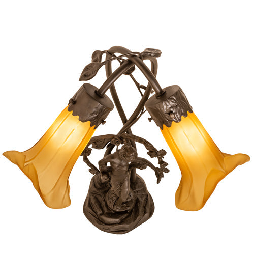 Meyda Lighting Tiffany Pond Lily 17" 2-Light Mahogany Bronze Trellis Girl Accent Table Lamp With Amber Shade Glass