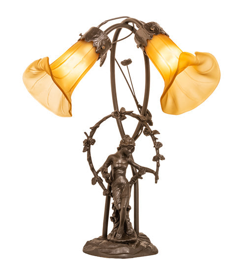 Meyda Lighting Tiffany Pond Lily 17" 2-Light Mahogany Bronze Trellis Girl Accent Table Lamp With Amber Shade Glass