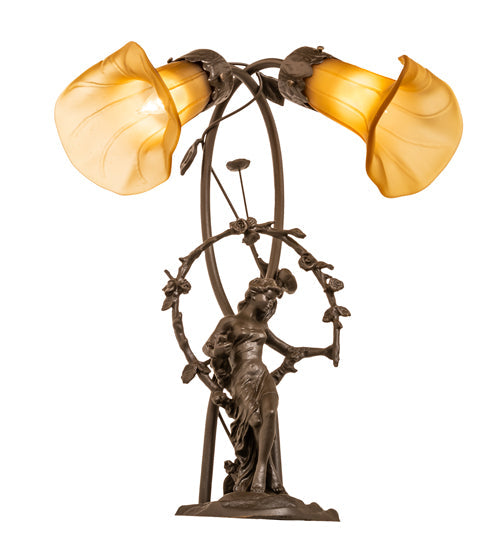 Meyda Lighting Tiffany Pond Lily 17" 2-Light Mahogany Bronze Trellis Girl Accent Table Lamp With Amber Shade Glass