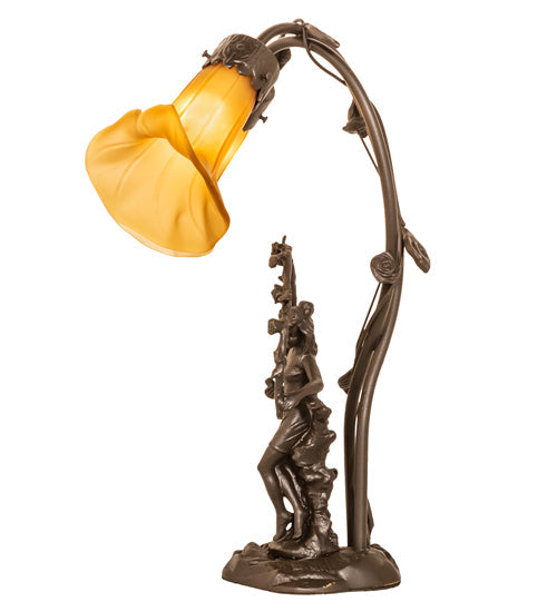 Meyda Lighting Tiffany Pond Lily 17" 2-Light Mahogany Bronze Trellis Girl Accent Table Lamp With Amber Shade Glass