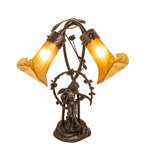 Meyda Lighting Tiffany Pond Lily 17" 2-Light Mahogany Bronze Trellis Girl Accent Table Lamp With Amber Shade Glass