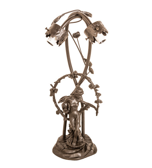Meyda Lighting Tiffany Pond Lily 17" 2-Light Mahogany Bronze Trellis Girl Accent Table Lamp With Gray Shade Glass