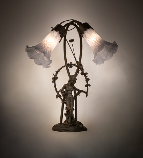 Meyda Lighting Tiffany Pond Lily 17" 2-Light Mahogany Bronze Trellis Girl Accent Table Lamp With Gray Shade Glass