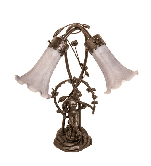 Meyda Lighting Tiffany Pond Lily 17" 2-Light Mahogany Bronze Trellis Girl Accent Table Lamp With Gray Shade Glass