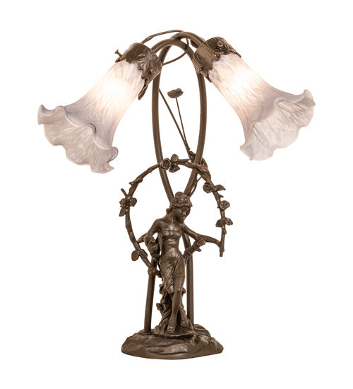 Meyda Lighting Tiffany Pond Lily 17" 2-Light Mahogany Bronze Trellis Girl Accent Table Lamp With Gray Shade Glass