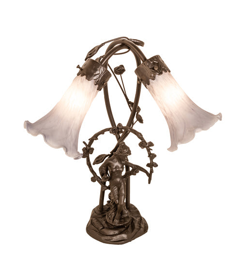 Meyda Lighting Tiffany Pond Lily 17" 2-Light Mahogany Bronze Trellis Girl Accent Table Lamp With Gray Shade Glass