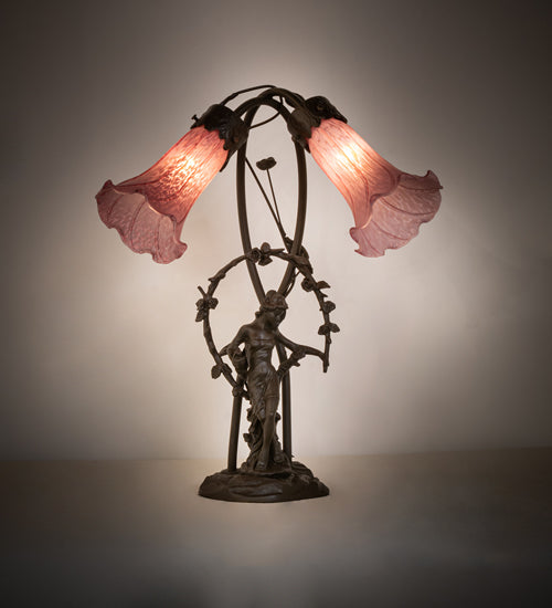 Meyda Lighting Tiffany Pond Lily 17" 2-Light Mahogany Bronze Trellis Girl Accent Table Lamp With Lavender Shade Glass