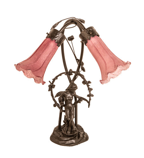 Meyda Lighting Tiffany Pond Lily 17" 2-Light Mahogany Bronze Trellis Girl Accent Table Lamp With Lavender Shade Glass