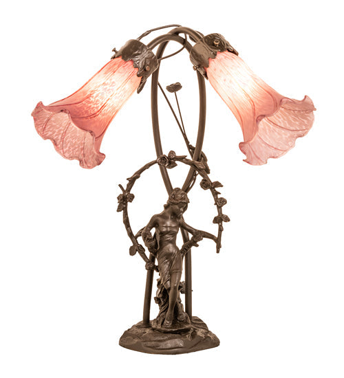 Meyda Lighting Tiffany Pond Lily 17" 2-Light Mahogany Bronze Trellis Girl Accent Table Lamp With Lavender Shade Glass