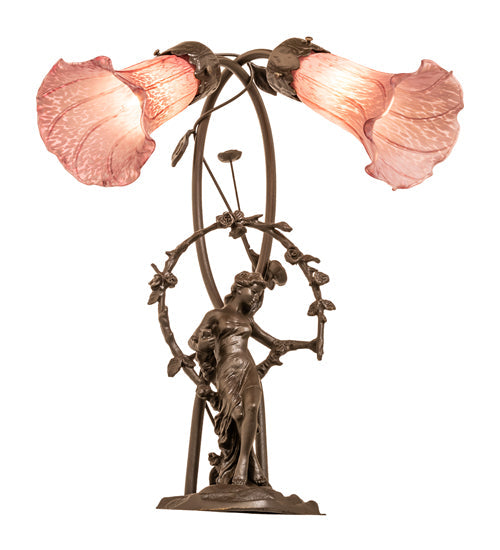 Meyda Lighting Tiffany Pond Lily 17" 2-Light Mahogany Bronze Trellis Girl Accent Table Lamp With Lavender Shade Glass