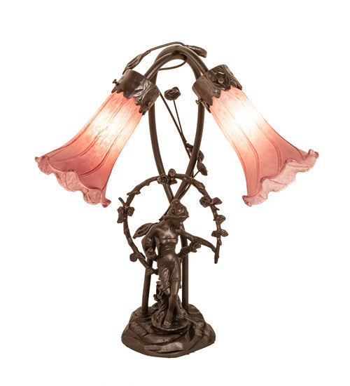 Meyda Lighting Tiffany Pond Lily 17" 2-Light Mahogany Bronze Trellis Girl Accent Table Lamp With Lavender Shade Glass