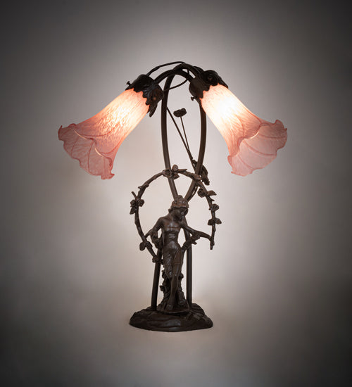 Meyda Lighting Tiffany Pond Lily 17" 2-Light Mahogany Bronze Trellis Girl Accent Table Lamp With Pink Shade Glass