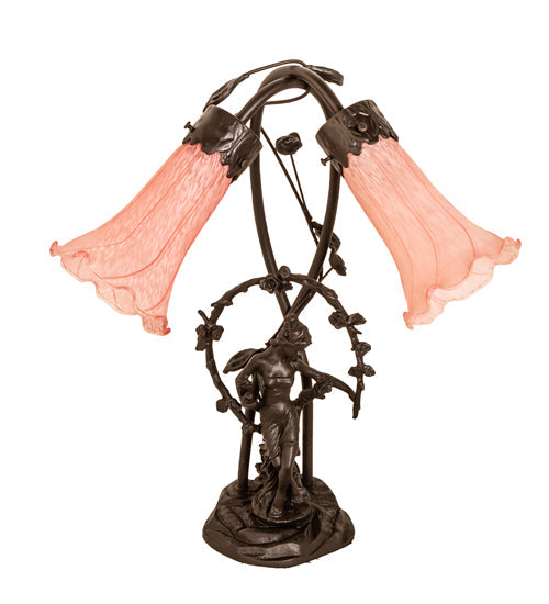 Meyda Lighting Tiffany Pond Lily 17" 2-Light Mahogany Bronze Trellis Girl Accent Table Lamp With Pink Shade Glass