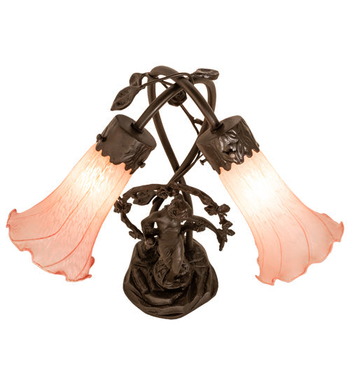Meyda Lighting Tiffany Pond Lily 17" 2-Light Mahogany Bronze Trellis Girl Accent Table Lamp With Pink Shade Glass