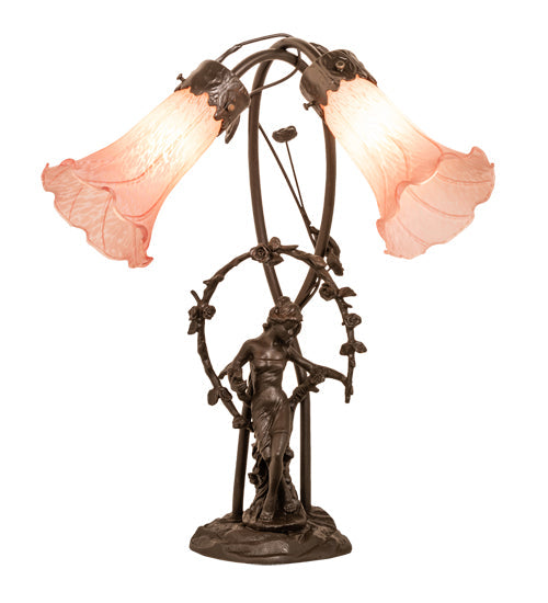 Meyda Lighting Tiffany Pond Lily 17" 2-Light Mahogany Bronze Trellis Girl Accent Table Lamp With Pink Shade Glass