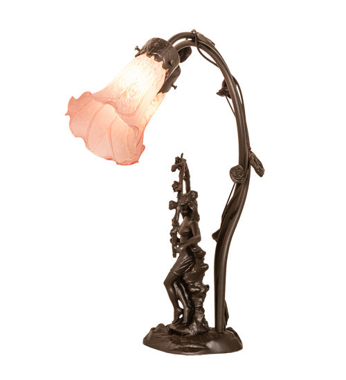 Meyda Lighting Tiffany Pond Lily 17" 2-Light Mahogany Bronze Trellis Girl Accent Table Lamp With Pink Shade Glass