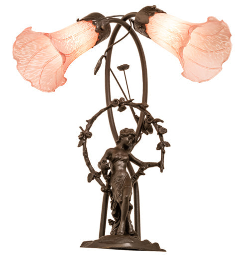 Meyda Lighting Tiffany Pond Lily 17" 2-Light Mahogany Bronze Trellis Girl Accent Table Lamp With Pink Shade Glass