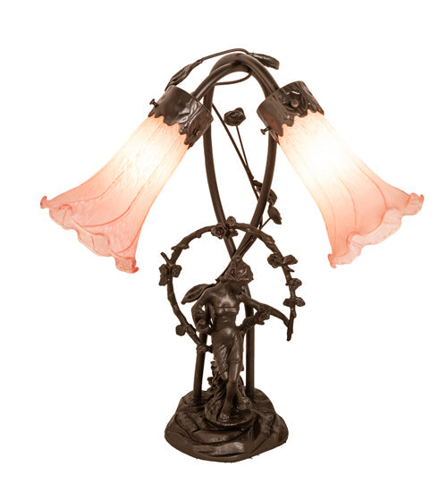 Meyda Lighting Tiffany Pond Lily 17" 2-Light Mahogany Bronze Trellis Girl Accent Table Lamp With Pink Shade Glass