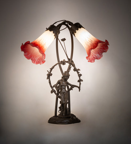 Meyda Lighting Tiffany Pond Lily 17" 2-Light Mahogany Bronze Trellis Girl Accent Table Lamp With Pink & White Shade Glass