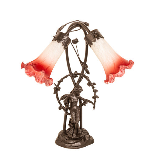 Meyda Lighting Tiffany Pond Lily 17" 2-Light Mahogany Bronze Trellis Girl Accent Table Lamp With Pink & White Shade Glass