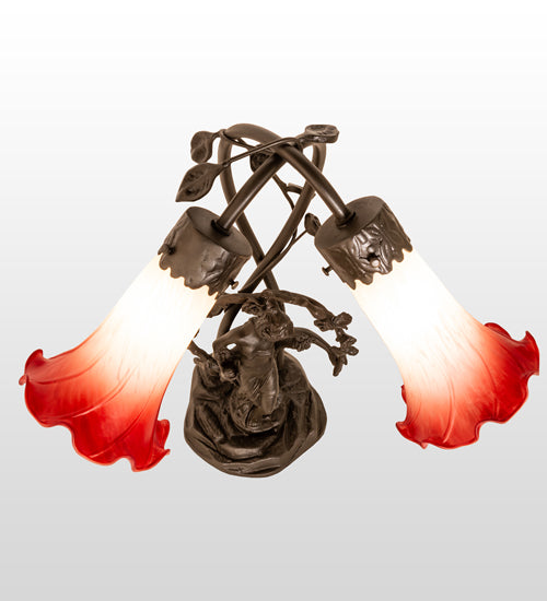 Meyda Lighting Tiffany Pond Lily 17" 2-Light Mahogany Bronze Trellis Girl Accent Table Lamp With Pink & White Shade Glass