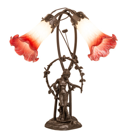 Meyda Lighting Tiffany Pond Lily 17" 2-Light Mahogany Bronze Trellis Girl Accent Table Lamp With Pink & White Shade Glass