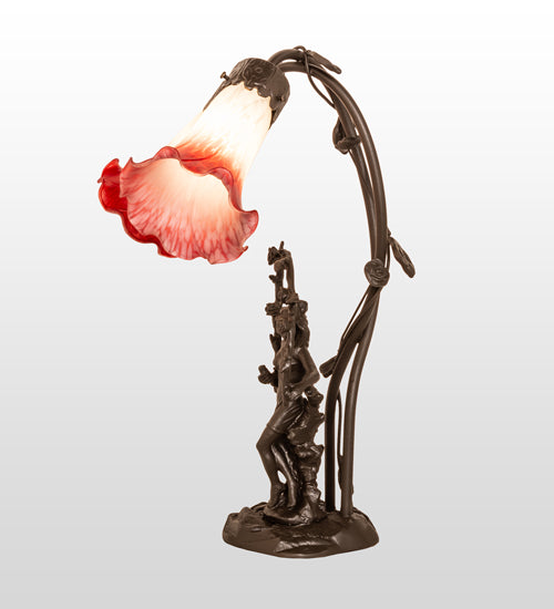 Meyda Lighting Tiffany Pond Lily 17" 2-Light Mahogany Bronze Trellis Girl Accent Table Lamp With Pink & White Shade Glass
