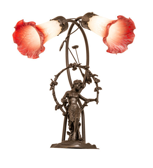 Meyda Lighting Tiffany Pond Lily 17" 2-Light Mahogany Bronze Trellis Girl Accent Table Lamp With Pink & White Shade Glass
