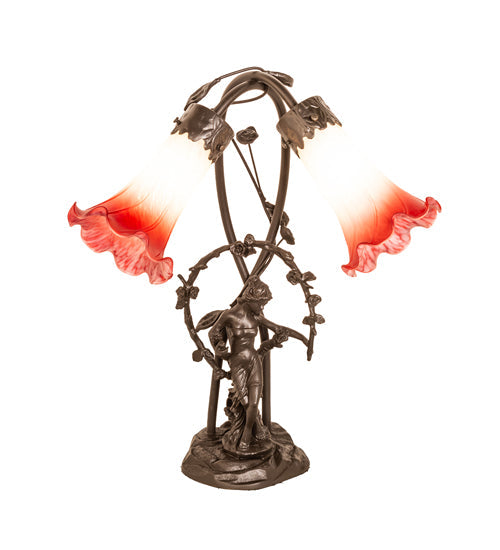 Meyda Lighting Tiffany Pond Lily 17" 2-Light Mahogany Bronze Trellis Girl Accent Table Lamp With Pink & White Shade Glass