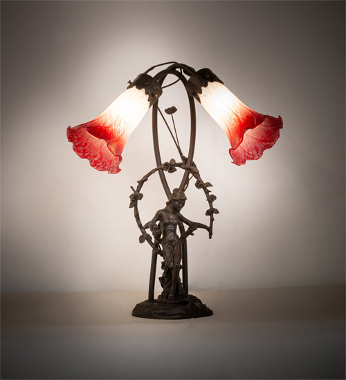 Meyda Lighting Tiffany Pond Lily 17" 2-Light Mahogany Bronze Trellis Girl Accent Table Lamp With Red and White Shade Glass
