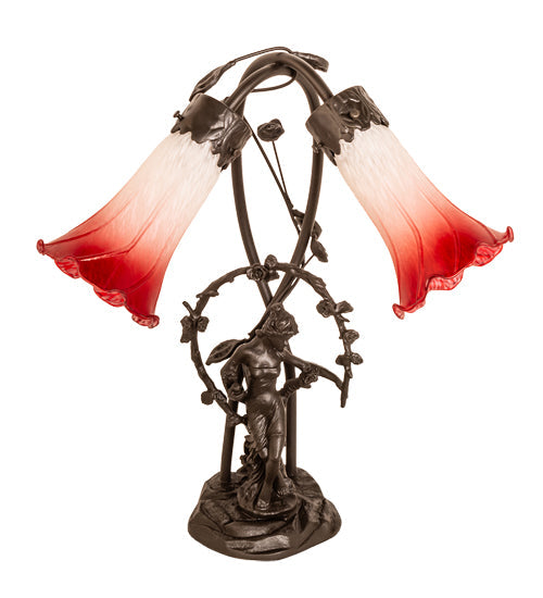 Meyda Lighting Tiffany Pond Lily 17" 2-Light Mahogany Bronze Trellis Girl Accent Table Lamp With Red and White Shade Glass
