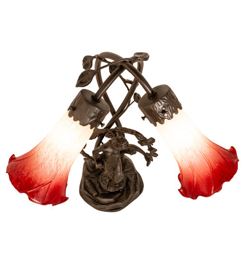 Meyda Lighting Tiffany Pond Lily 17" 2-Light Mahogany Bronze Trellis Girl Accent Table Lamp With Red and White Shade Glass