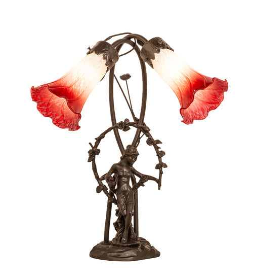 Meyda Lighting Tiffany Pond Lily 17" 2-Light Mahogany Bronze Trellis Girl Accent Table Lamp With Red and White Shade Glass